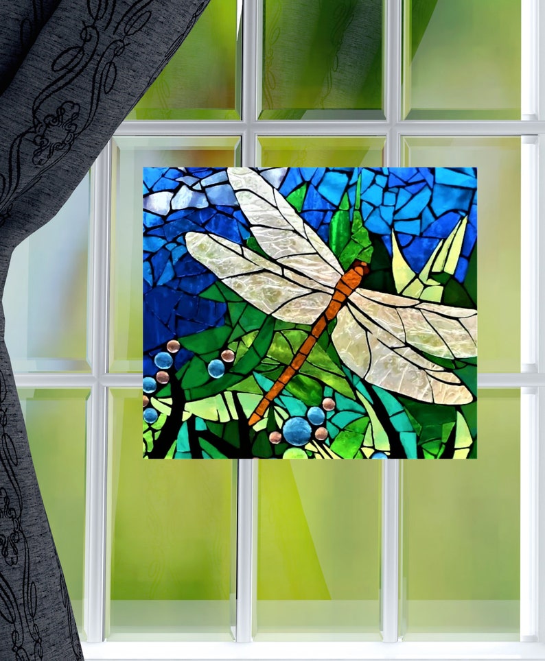 Faux Stained Glass Dragonfly WINDOW CLING Mosaic Style Etsy
