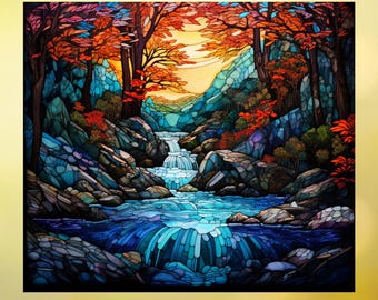 May include: A stained glass style wall art piece depicting a forest landscape with a cascading waterfall, a flowing river, and trees with orange and red autumn leaves. The scene features dark outlines, blue rocky terrain, and a bright yellow sky.