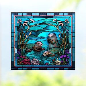 Sea Otters WINDOW CLING ~ Faux Stained Glass ~ Blue or Green ~ Size 8.9"  with Glassy Deluxe Vinyl