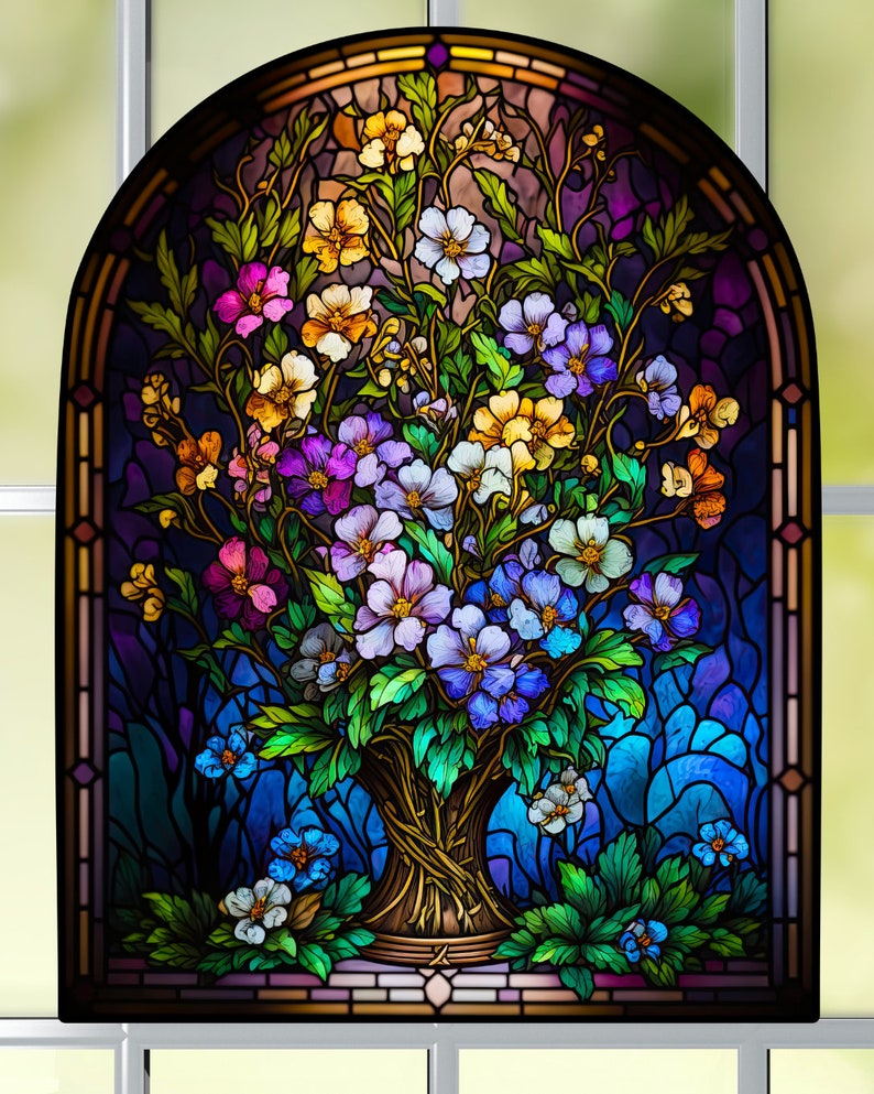 Primrose February Birth Month Flowers WINDOW CLING Faux Stained Glass Suncatcher Size 10.4 Thick Glassy Deluxe Vinyl image 4