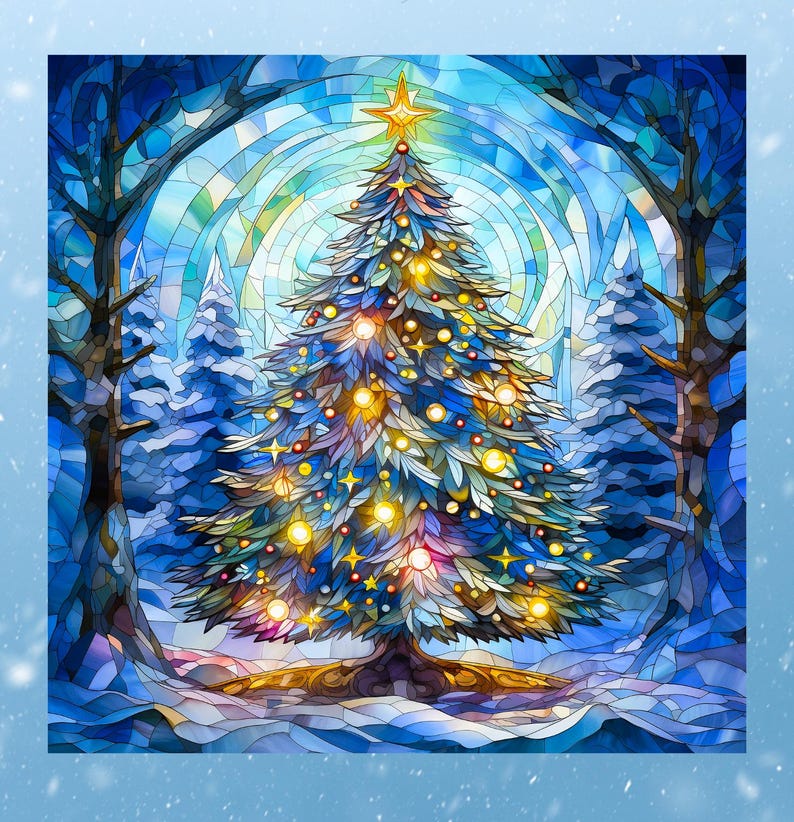 May include: A stained glass style illustration of a Christmas tree centered in a snowy forest. The tree features glowing yellow lights and a star topper, set against a backdrop of blue and white glass shards forming trees and a winter sky.