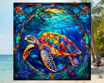 新品 海と熱帯魚 ヴィンテージ ステンドグラス 箱付き フィッシュ オーシャン ウミガメとカラフルなサンゴ礁のある水中の楽園を描いたカスタムサイズ