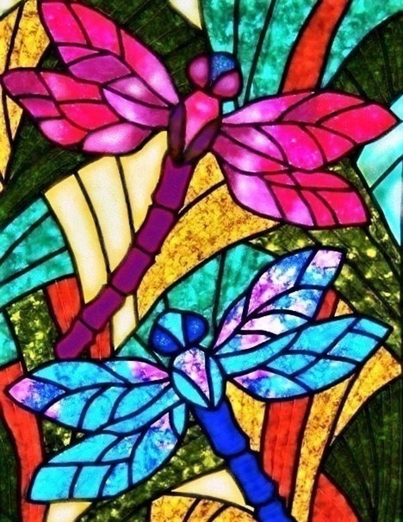 Faux Stained Glass Dragonfly 3D Window Cling ~ Sparkling Suncatcher 7.8x10.2 Vinyl Window Decal ~ Dragonflies Art Print ~ Window Decoration