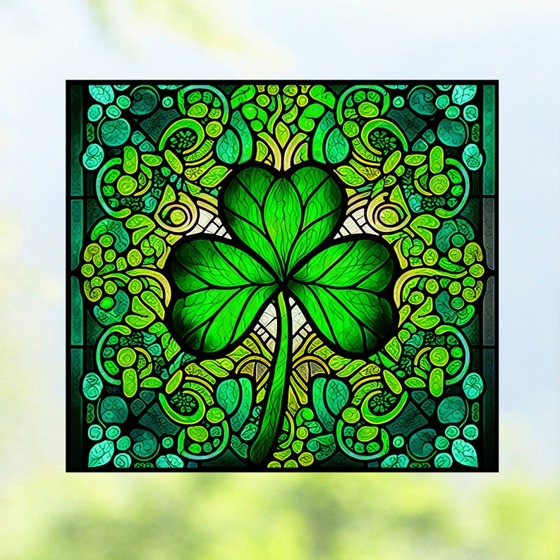Irish Shamrock Faux Stained Glass WINDOW CLING St Patrick's Day Clover Size 9.1 Thick Glassy Deluxe Vinyl image 2