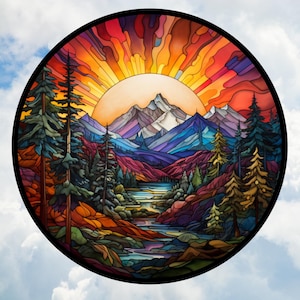 Sunset, Mountains & Trees Faux Stained-Glass Deluxe WINDOW CLING ~ Sun-catcher Size 8&quot; Round ~ Repositionable Vinyl