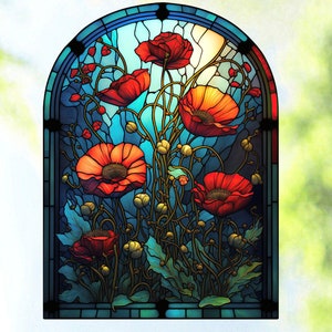 Poppy WINDOW CLING ~ Faux Stained Glass ~ August Birth Month Flowers ~ Suncatcher Size 10.6"  Thick Glassy Deluxe Vinyl