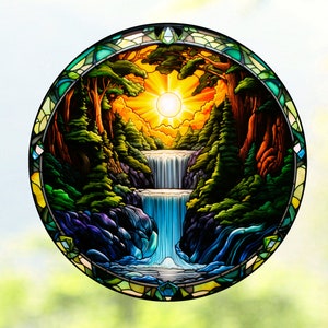 Waterfall WINDOW CLING ~ Suncatcher ~ Faux Stained-Glass ~ Sunrise/Sunset ~ Size 8" Round ~  Thick Glassy Deluxe Vinyl