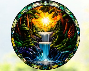 Waterfall WINDOW CLING ~ Suncatcher ~ Faux Stained-Glass ~ Sunrise/Sunset ~ Size 8" Round ~  Thick Glassy Deluxe Vinyl