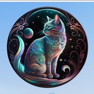 Celestial Cat WINDOW CLING ~ Round ~ Suncatcher Size 8"  Thick Glassy Deluxe Vinyl