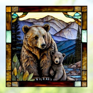 Bear Cub WINDOW CLING ~ Faux Stained Glass ~ Suncatcher ~ River ~ Mountains ~ Wildlife ~ Size 8"  Thick Glassy Deluxe Vinyl