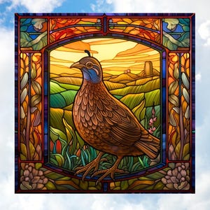 Quail Faux Stained-Glass  WINDOW CLING ~ Bird Sun-catcher Size 8&quot; Square ~ Repositionable Vinyl