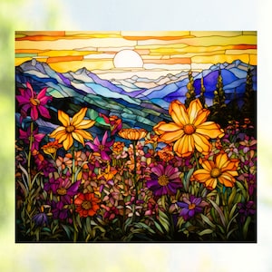 Wildflowers Sunset Mountains WINDOW CLING ~ Faux Stained Glass ~ Suncatcher Size 9.1"  Thick Glassy Deluxe Vinyl