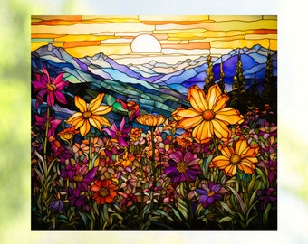 Wildflowers Sunset Mountains WINDOW CLING ~ Faux Stained Glass ~ Suncatcher Size 9.1"  Thick Glassy Deluxe Vinyl