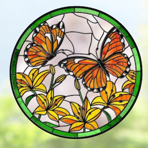 Faux Stained Glass Monarch Butterflies WINDOW CLING ~ Lilies ~ Round ~ Suncatcher Size 8"  Thick Glassy Deluxe Vinyl