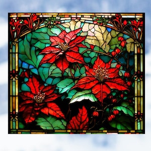 Poinsettia WINDOW CLING ~ Faux Stained Glass ~ Christmas ~ Holiday Plant ~ Size 9.1"  Thick Glassy Deluxe Vinyl