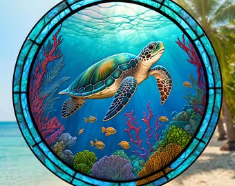 ウミガメと泡が描かれたカスタムサイズの水中エレガンスステンドグラス