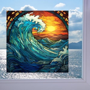 Ocean Wave Deluxe WINDOW CLING ~ Faux Stained Glass ~ Size 8&quot; Two Designs ~ Repositionable Vinyl