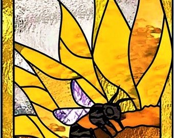 Faux Stained Glass Bee on Sunflower WINDOW CLING ~ Suncatcher ~ 10.1" Rectangle or 8" Round ~  Thick Glassy Deluxe Vinyl
