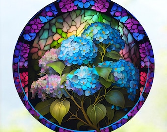 Hydrangea Faux Stained-Glass  WINDOW CLING ~ Sun-catcher Size 8&quot; Round ~ 2 Designs ~ Repositionable Vinyl