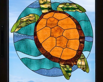 Faux Stained Glass Sea Turtle WINDOW CLING ~ Suncatcher Size 8.6" Two Color Choices ~  Thick Glassy Deluxe Vinyl