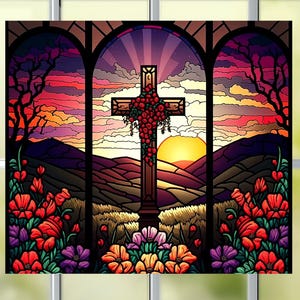 Cross Faux Stained Glass  Window Cling ~ Religious Sun-catcher Size 9.1&quot; Repositionable Vinyl