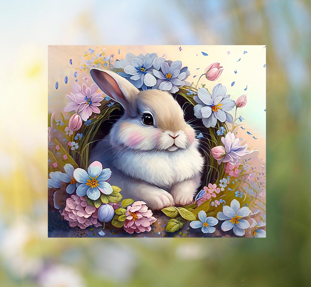 Vintage Spring Bunny & Flowers WINDOW CLING Glossy, Translucent - Etsy