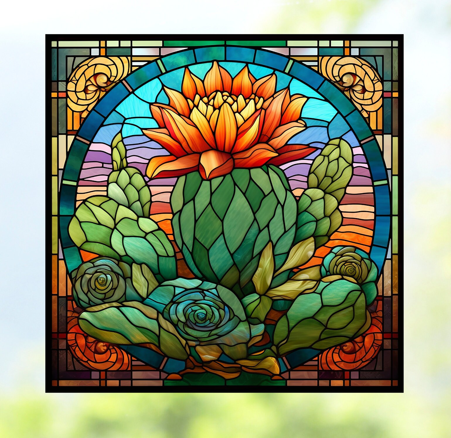 Desert Cactus Faux Stained Glass Deluxe WINDOW CLING ~ 2 Designs ~  Sun-catcher  Size 8" Repositionable Vinyl