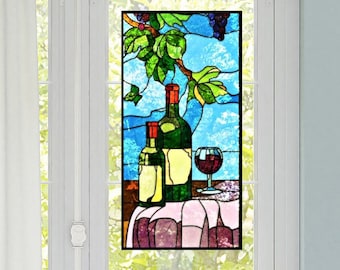 WINE ~ Faux Stained Glass WINDOW CLING ~ Suncatcher ~ Wine Glass, Bottles, Grape Vines ~ Size 10.6"  Thick Glassy Deluxe Vinyl