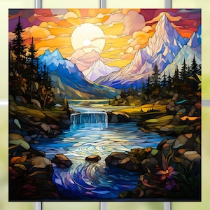 Scenic Waterfall Faux Stained Glass ~ Deluxe WINDOW CLING Size 8&quot; Repositionable Vinyl