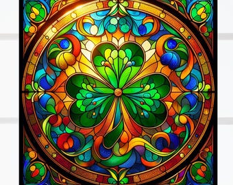 Irish Shamrock ~ Clover Faux Stained Glass Deluxe WINDOW CLING ~ Suncatcher Size 8&quot; Square ~ Repositionable Vinyl