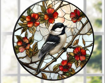 Chickadee Faux Stained-Glass WINDOW CLING , Bird on Branch