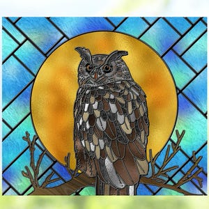 Owl & Full Moon Deluxe WINDOW CLING ~ Faux Stained Glass ~ Sun-catcher Size 9.2&quot; Repositionable Vinyl