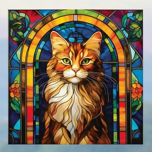 Cat Faux Stained Glass WINDOW CLING Orange Tabby Suncatcher 3 Designs Size 8 Square Thick Glassy Deluxe Vinyl Cat 2