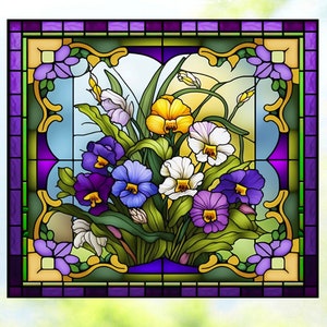 Faux Stained Glass Pansy Flowers WINDOW CLING ~ Suncatcher ~ Purple Pansies ~ Size 8" Round or 8.9"  Thick Glassy Deluxe Vinyl