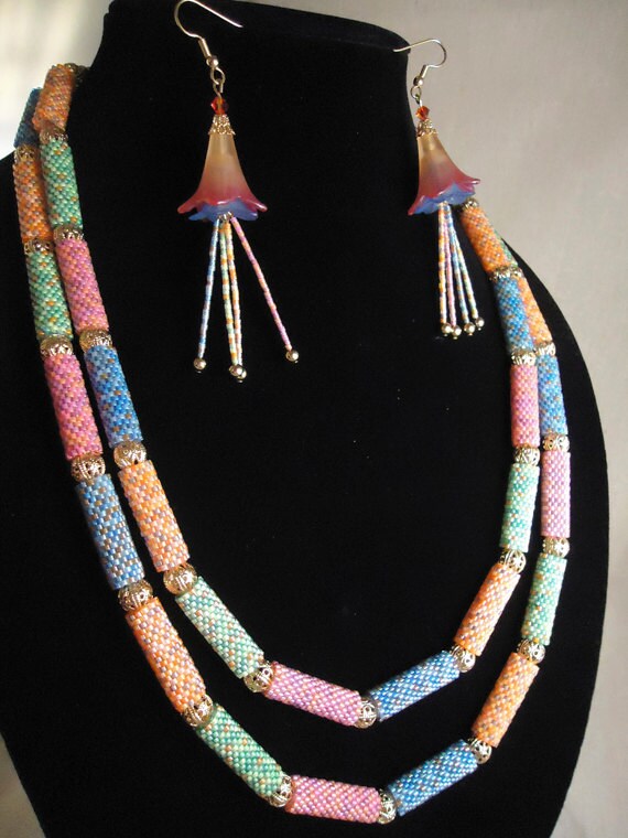 Items similar to MultiColored Seed Bead Tubes Necklace and Earrings