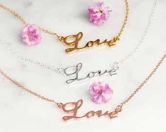 Love Necklace, Word Necklace Gold, Rose Gold Handwriting Necklace, Bridesmaid Necklace, Love Writing Necklace, Handwriting Love Jewelry,