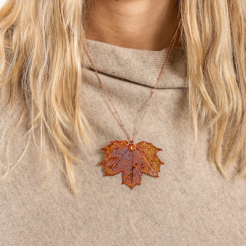 Irridescent Autumnal colour Canadian maple leaf necklaces, made from real maple leaves. Gift boxed.