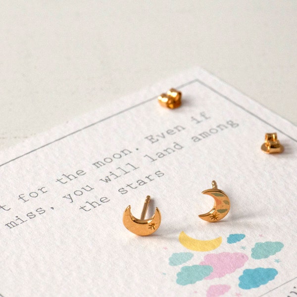 Tiny Moon Stud Earrings Sterling Silver, Moon Dainty Studs Silver, Gold or Rose Gold, Oscar Wilde Quote, Shoot for the Moon, Crescent Moon