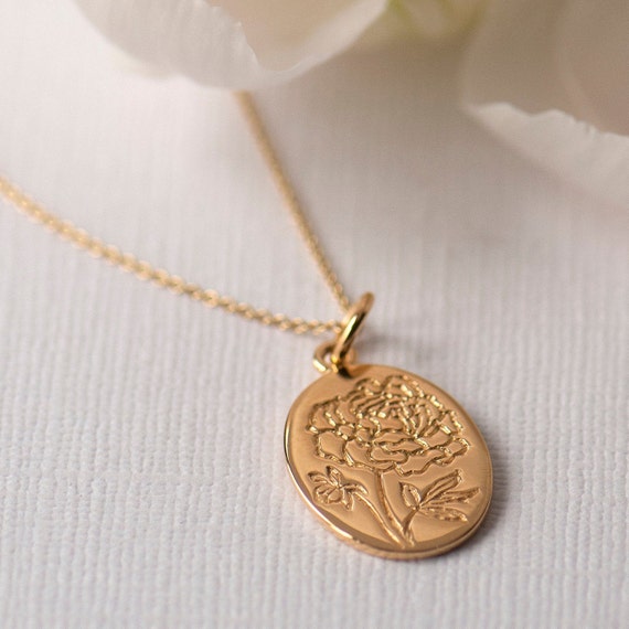 Peony Necklace Sterling Silver Engraved Peony Oval Pendant Gold