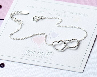 Entwined Love Hearts Bracelet, Two Hearts Silver Bracelet, Double Heart Sterling Silver Bracelet, Silver Love Bracelet, Gift for Girlfriend