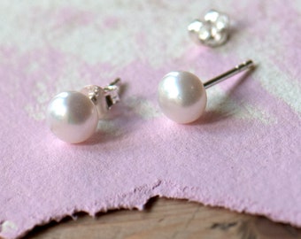 Freshwater Pearl Sterling Silver Stud Earrings, White Pearl Studs, Little Pearl Studs, Dainty Pearl Studs, 6mm Pearl Silver Earrings,