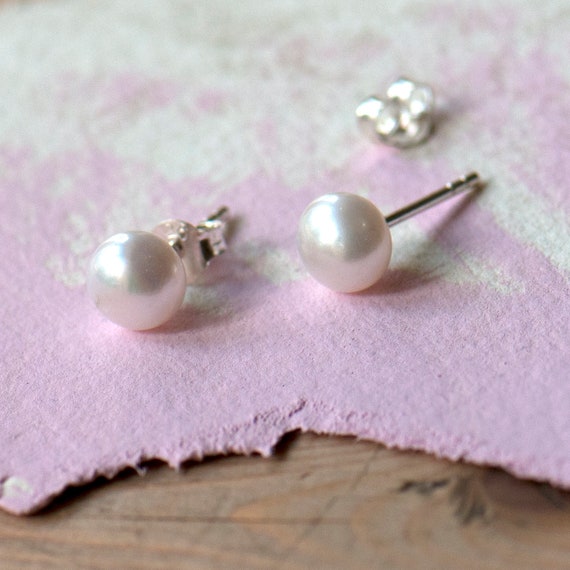 Freshwater Pearl Sterling Silver Stud Earrings White Pearl Etsy UK