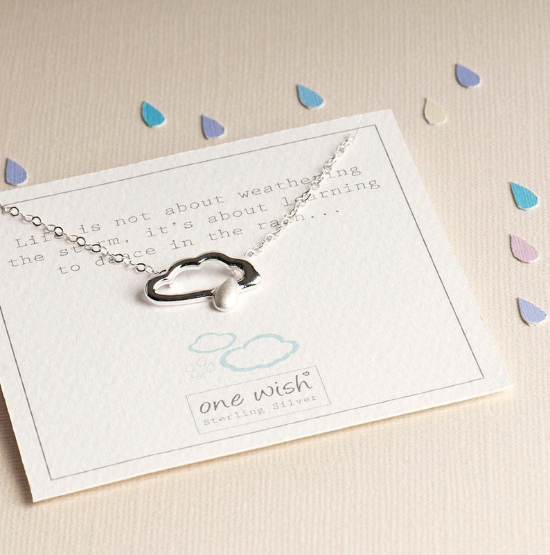 Rain Cloud Sterling Silver Necklace, Weather Quote Necklace, Weather Silver Jewellery, Raindrop Cloud Jewelry, Dance in the Rain Necklace, image 2