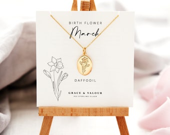 März Geburtsblume Narzisse Goldkette, gravierte Blume Oval Anhänger, Geschenk für sie, Muttertagsgeschenk, personalisiertes Geschenk, Sterlingsilber