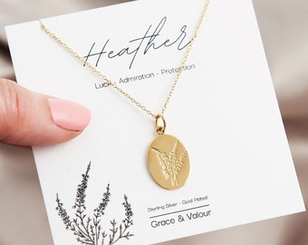 Heather Gold Necklace, Oval Heather Flower Pendant, Engraved Heather Pendant, Personalised Flower Necklace, Dainty Flower Necklace, Gold