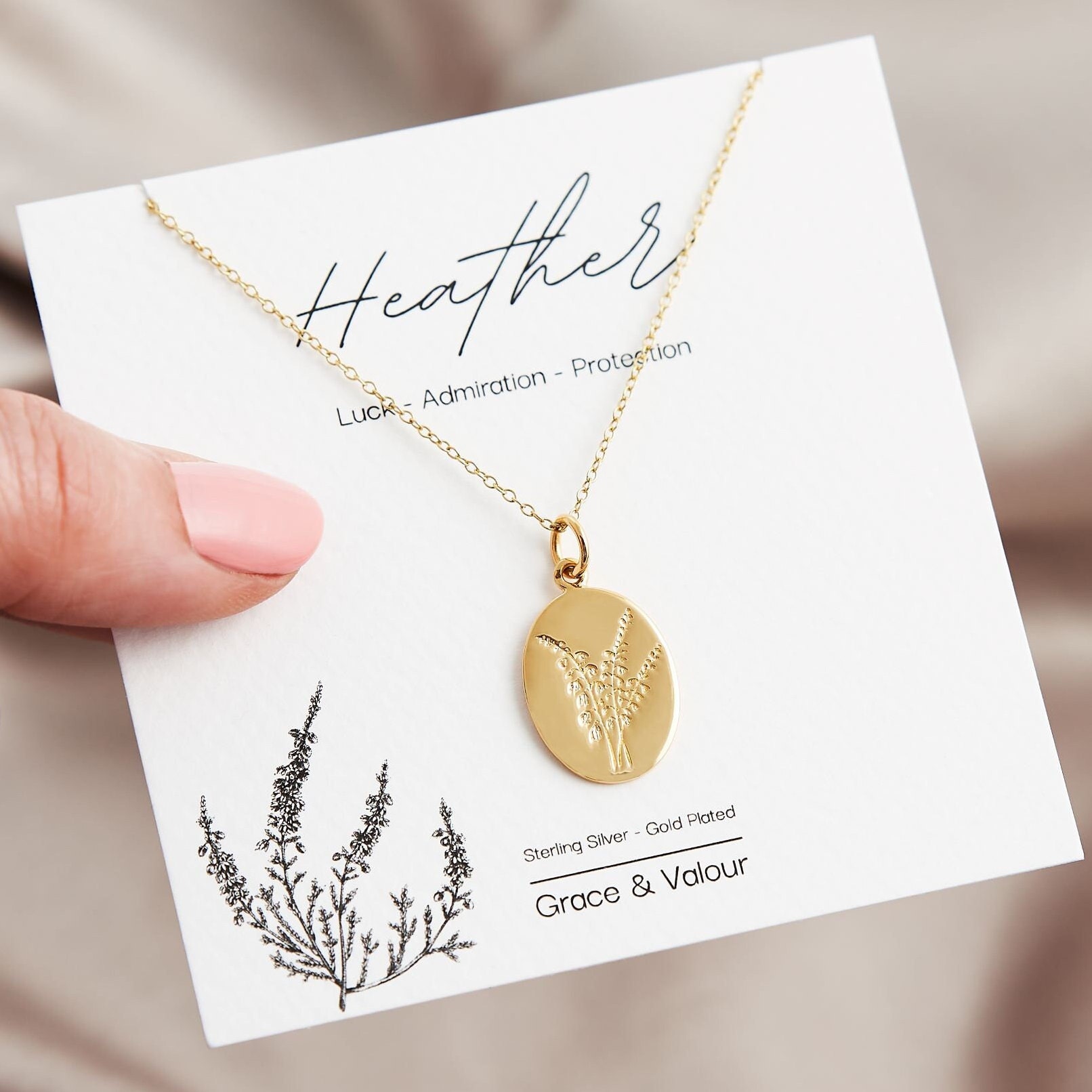 Heather Gold Necklace Oval Heather Flower Pendant Engraved