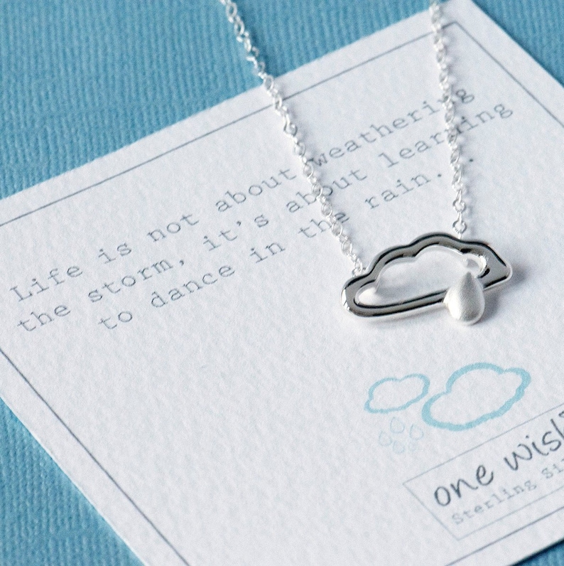 Rain Cloud Sterling Silver Necklace, Weather Quote Necklace, Weather Silver Jewellery, Raindrop Cloud Jewelry, Dance in the Rain Necklace, image 1