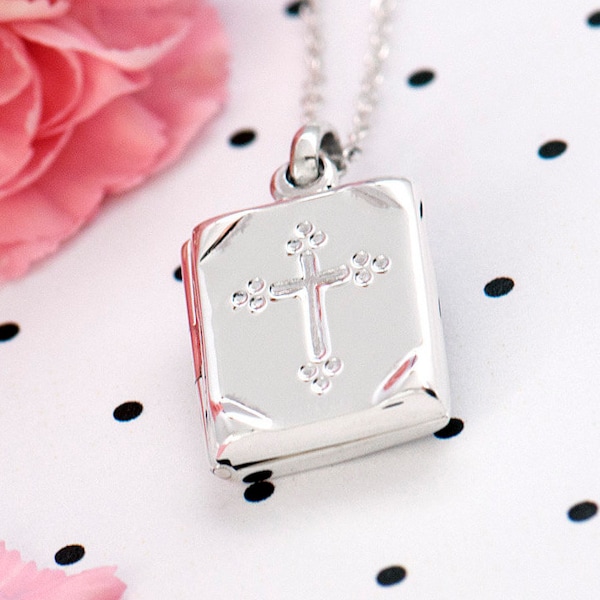 Cross Locket Sterling Silver, Cross Bible Locket, Picture Locket Silver, Engraved Faith Necklace, Bible Necklace, Religious Gift, Communion