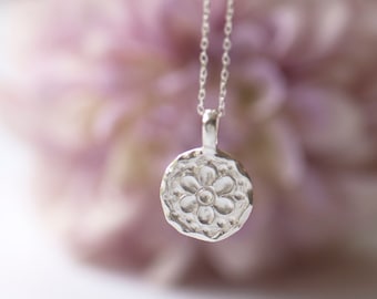 Flower Sterling Silver Pendant, Silver Handmade Flower Necklace, Dainty Flower Pendant, Stamped Floral Necklace, Nature Lover Gift, Handmade