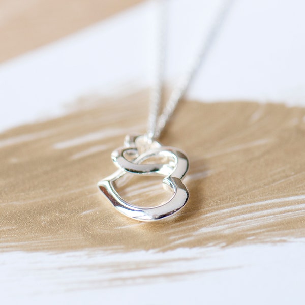 Two Hearts Sterling Silver Necklace Silver, Interlocking Heart Necklace, Anniversary Gift, Entwined Hearts Pendant,Gift For Her Double Heart